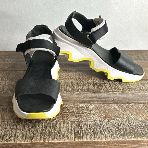 Sorel Kinetic Impact Y Strap High Sandals 9.5 Leather Chunky Platform Black - Picture 4 of 9